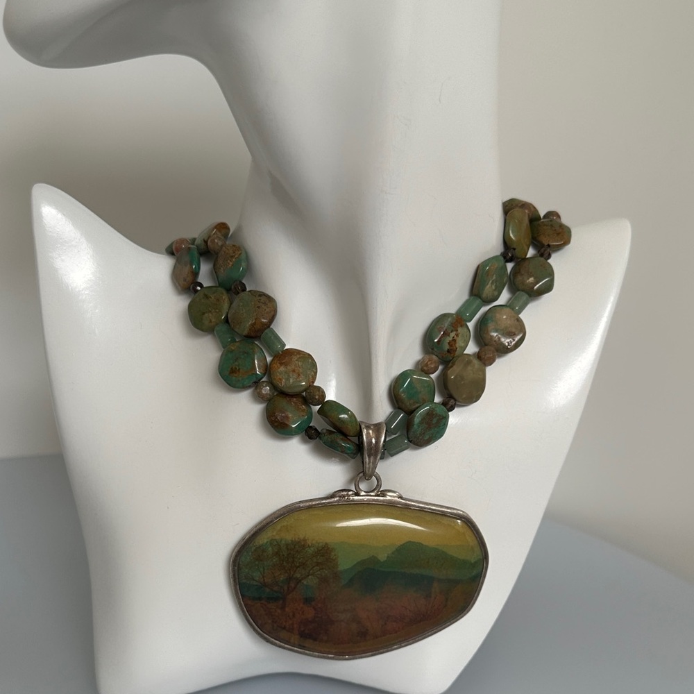 BARSE 925 Sterling Silver  TURQUOISE Bead Necklace with ART Scenic Pendant